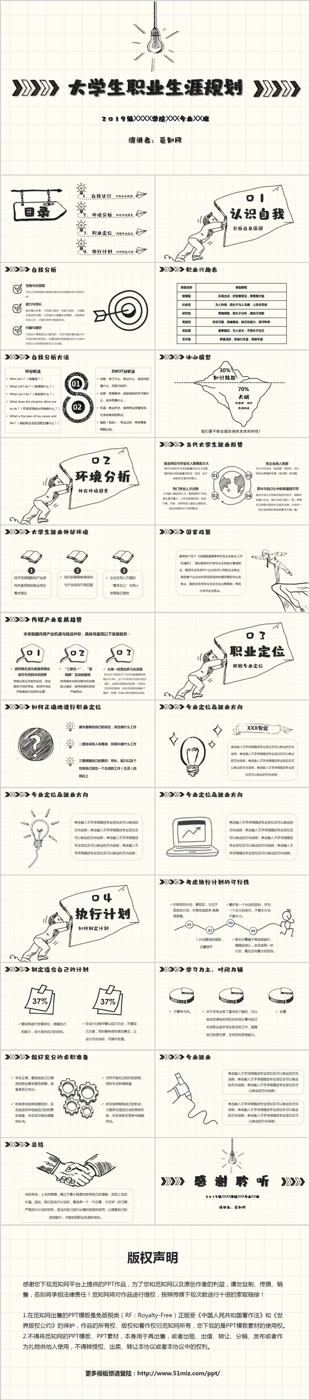 卡通手绘简笔画纯色白色大学生职业生涯规划ppt模板